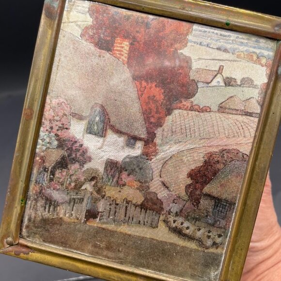 Antique Patterned Brass On Wood Metal Lined Tea Caddy w/ Countryside Image - Picture 3 of 11